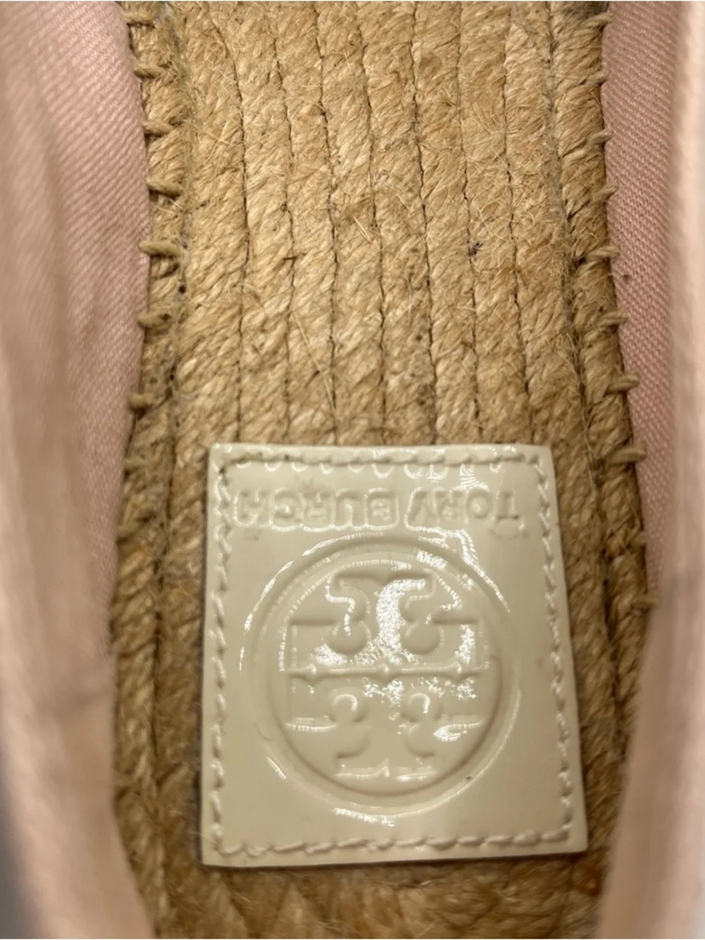 Tory Burch Ines Espadrille Poppy Pink Canvas Patent Leather Logo Flats Womens 7M